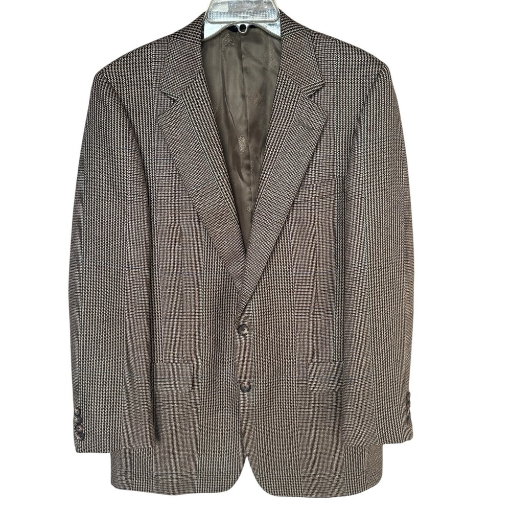 VTG Marvin Brown Dallas Canterbury Wool Silk Blazer Jacket 41L Brown Houndstooth
